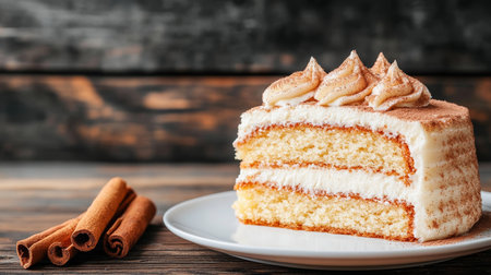 Snickerdoodle Cake Slice with Creamy Frosting and Cinnamon Sticks on Rustic Backgroundの素材