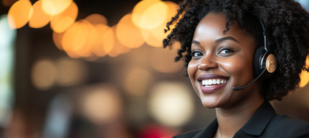 Confident Black Woman Customer Service Representative Smiling While Working At A Lively Call Centerの素材
