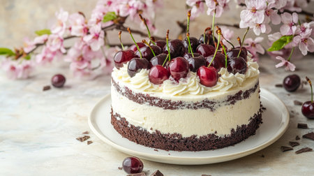 Delicious Black Forest Cake Decorated with Chocolate Shavings, Fresh Cherries, and Whipped Creamの素材