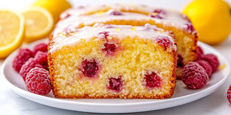 Slice of Delicious Raspberry Lemon Loaf Cake with Zesty Icing and Fresh Raspberries on Plateの素材