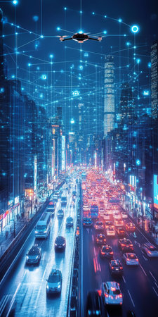 Drone Taxi Over Smart City Future of Urban Aerial Transport and Digital Connectivityの素材