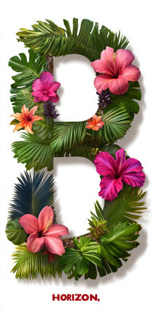 Floral Letter B, Tropical Paradise Theme, Vibrant Green Leaves, Pink Flowers, White Backgroundの素材