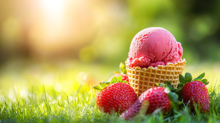 Strawberry ice cream in waffle cone with fresh strawberries on green grass, summer background.の素材