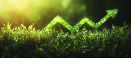 Green Glowing Upward Arrow On Moss Progress, Stock Market, Finance, Nature Investmentの素材