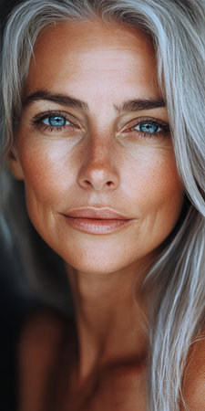 Portrait of a Beautiful Mature Woman with Silver Hair, Embracing Natural Beauty and Aging Gracefullyの素材