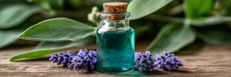 Essential Oil with Fresh Clary Sage on Rustic Wooden Background, Aromatherapy and Spa Conceptの素材