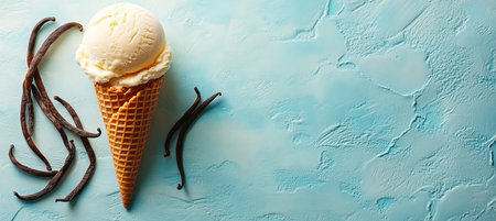 Scoops of Delectable Vanilla Ice Cream in Waffle Cone with Vanilla Pods on Pastel Blueの素材
