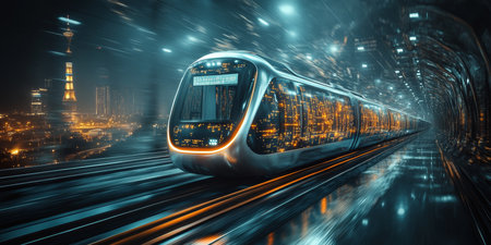 High-Speed Futuristic Maglev Train Races Through City, Embracing Magnetic Levitation Technologyの素材