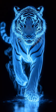 Glowing Blue Holographic Tiger In Digital Space, A Symbol Of Technology And Innovation.の素材