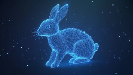 Holographic Blue Rabbit Representation of Futuristic Innovation in Technology On Dark Background.の素材