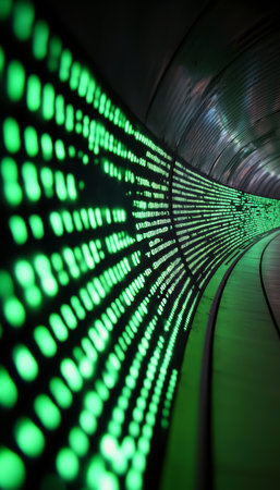 Curving Tunnel Lit with Streams of Binary Data Flowing Down The Walls, Technology Conceptの素材