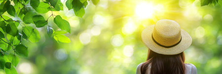 Young Woman in Straw Hat Enjoys Summer Sun, Relaxation, Peace, and Nature with Copy Spaceの素材