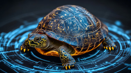 Digital Tortoise on Holographic Interface Blending Nature and Technology in Futuristic Designの素材