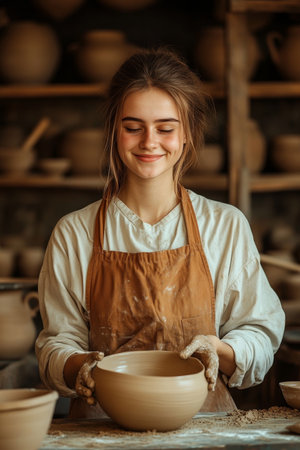 Young Woman Shaping Clay Bowl in Pottery Workshop, Artistic Craft and Creativity Conceptの素材