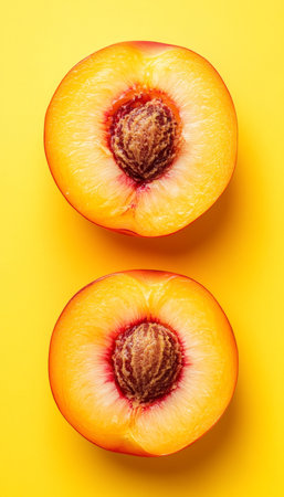 Two Vibrant Ripe Nectarine Peach Halves, Isolated on Yellow, Showing Seeds and Juicy Fleshの素材