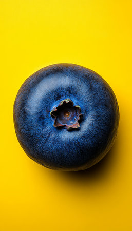 Single Ripe Blueberry, Vibrant Deep Purple Colors, on a Sunny Yellow Background, Isolated Berryの素材