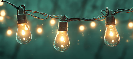 Glowing vintage decorative light string with warm bokeh effect shining in a festive atmosphere.の素材
