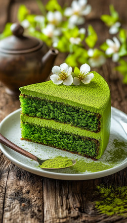 Slice of Green Tea Matcha Cake with Layers, Creamy Frosting, Floral Garnish , Zen Tea Backgroundの素材
