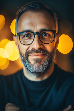 Portrait of a Confident Man with Glasses against a Blurry Bokeh Background, Ideal for Copy Spaceの素材