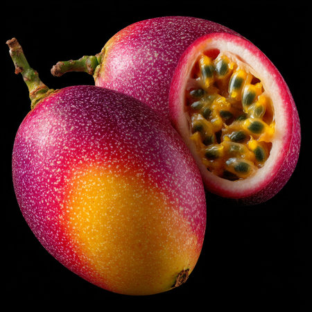 Ripe Passion Fruit, Cut Open and Whole - Purple and Yellow Tones, Vibrant Color, Isolated on Blackの素材