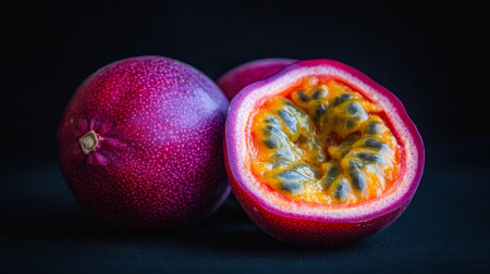 Vibrant, Ripe Passion Fruit on a Black Background A Close-Up with Cut Open Fruit and Seeds.の素材