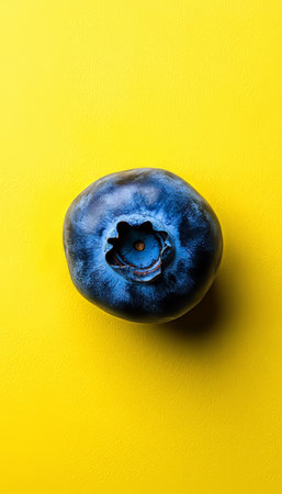 Single Vibrant Blueberry, Smooth Texture, Deep Blue Tones, Isolated on Vivid Yellow Backdropの素材