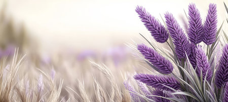 Soft Lavender Flowers Against a Blurred Field Background With Sunlight, Minimalistic Designの素材