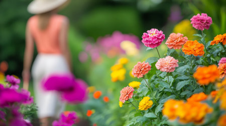 Woman in a Straw Hat Walking Through a Garden Full of Vibrant Blooming Flowers With Copy Spaceの素材