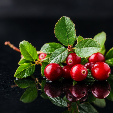 Fresh Cranberries on a Stem, Vibrant Red Berries Isolated Against Black, Reflective Backgroundの素材