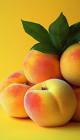 Fresh, Ripe Peaches A close-up of vibrant, fuzzy peaches against a bright yellow background.の素材