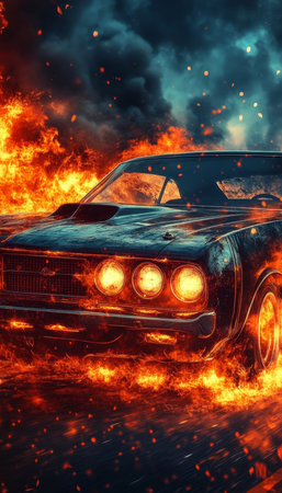 Classic American Muscle Car Engulfed In A Fiery Blaze On An Empty Road, Digital Art Illustrationの素材