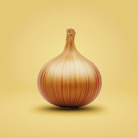 Isolated Onion, Vibrant Yellow Brown Vegetable on a Yellow Background, Fresh Produce Photographyの素材