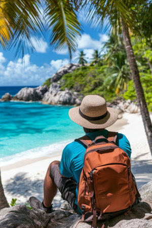 Man Relaxing on Idyllic Tropical Beach, Paradise Getaway with Turquoise Water and Palm Treesの素材