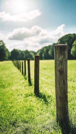 Wooden fence posts and wire disappearing into the distance in a sunlit, idyllic fieldの素材
