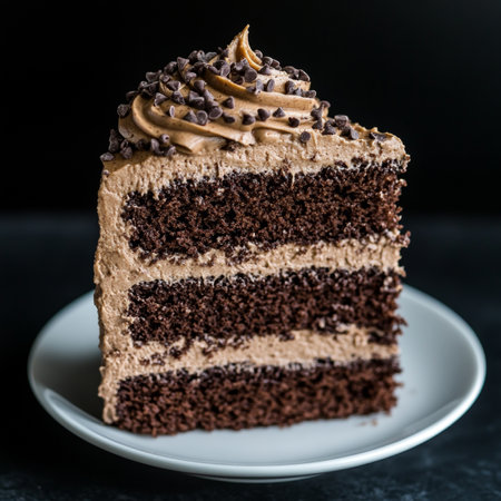 Slice of Three Layer Chocolate Cake with Chocolate Buttercream and Chocolate Chips on White Plateの素材