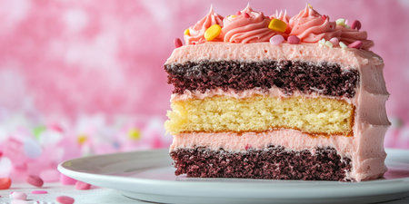 Slice of delicious layered cake decorated with pink buttercream frosting on white plateの素材