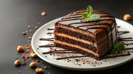 Slice of Chocolate Layer Cake with Chocolate Drizzle, Mint Garnish, and Nuts on a White Plateの素材