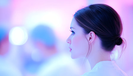 Focused Female Healthcare Professional in a Busy Hospital Setting with Purple Bokeh Backgroundの素材
