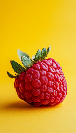 Vibrant Red Raspberry, Close-up on Yellow Background, Isolated, Fresh Fruit, Food Photographyの素材