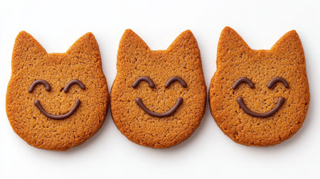Three Cute Cat Face Shaped Gingerbread Cookies with Chocolate Smile on White Backgroundの素材