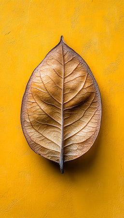 Dried Brown Leaf on Vibrant Yellow Background, Nature s Abstract Art Texture, Contrast, Minimalism.の素材