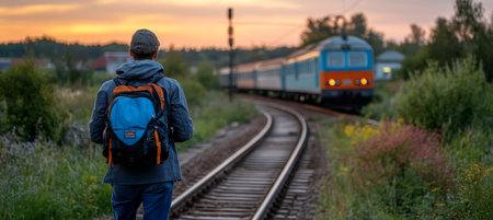 Man with Backpack Contemplates Scenic Railroad Tracks at Sunset, Travel Lifestyle Concept.の素材