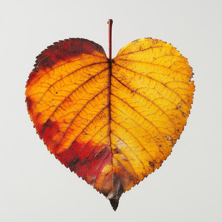 Isolated Heart-Shaped Autumn Leaf on White, Fall Foliage Background, Vibrant Colors of Natureの素材