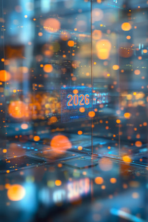 Abstract Technology Background, Defocused Lights With 2026 Hologram For Digital Future Conceptの素材