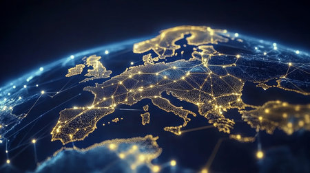 Digital Network Over Europe. Global Communication, Innovation, Futuristic Technology, Connectivity.の素材