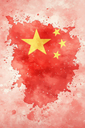 Grunge Illustration Of The Chinese Flag With A Red Watercolor And Yellow Star And Dots Designの素材