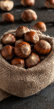 Freshly Picked Chestnuts Overflowing from a Rustic Burlap Sack, Autumn Harvest Bountyの素材