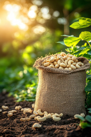Sack of Freshly Harvested Organic Cashew Nuts on a Farm. Agriculture and Healthy Eating Conceptの素材