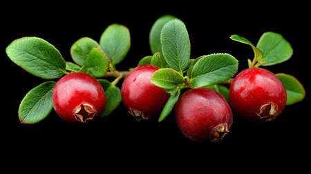 Fresh Lingonberry Branch, Vibrant Red Berries and Green Leaves Isolated on a Black Backgroundの素材