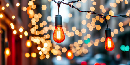 Warm String Lights Glowing in a Festive Outdoor Setting, Creating a Magical Bokeh Effect.の素材